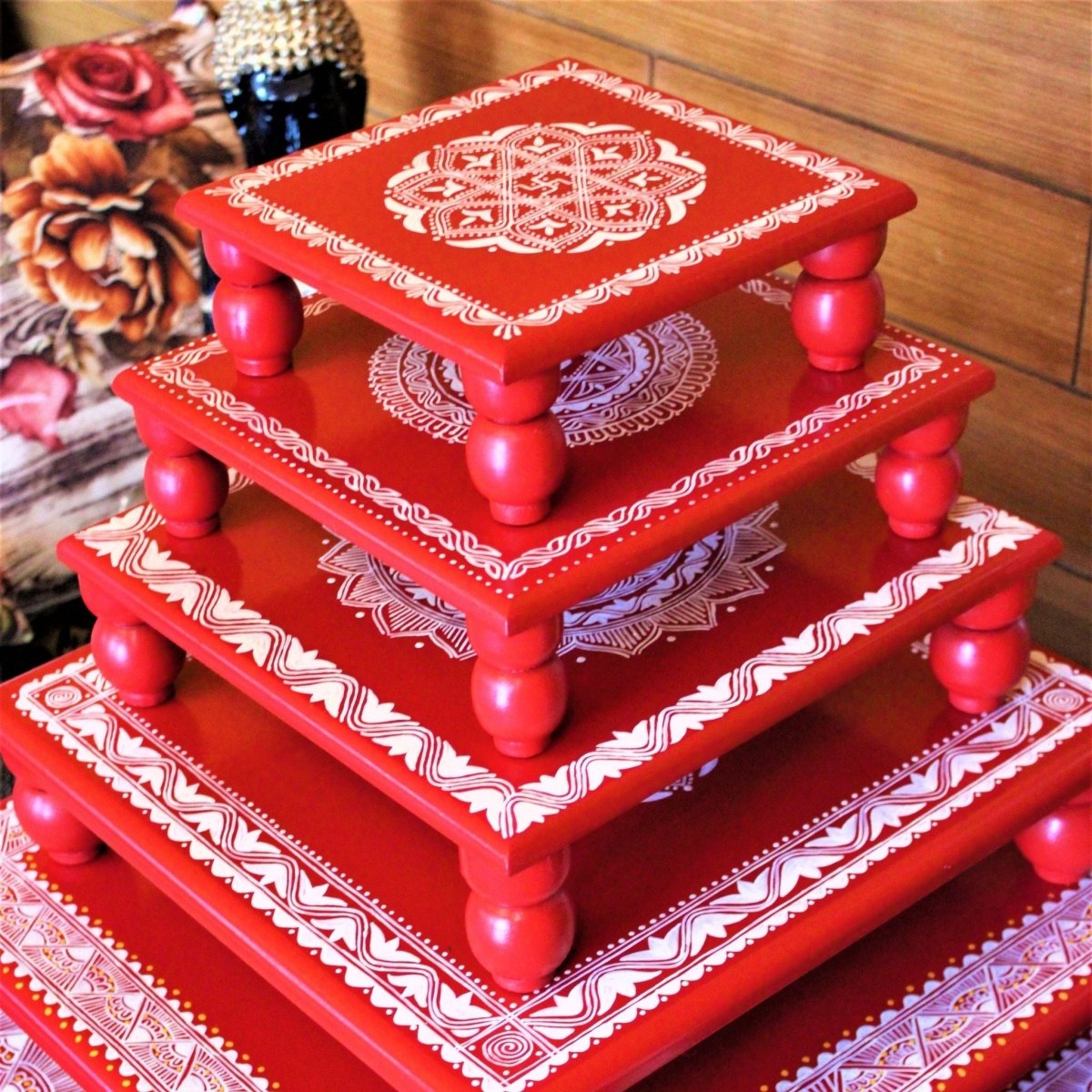 Aipan Inspired Handpainted Square Wooden Puja Table / Chowki / Footstool for Home - Kreate- Pooja Needs