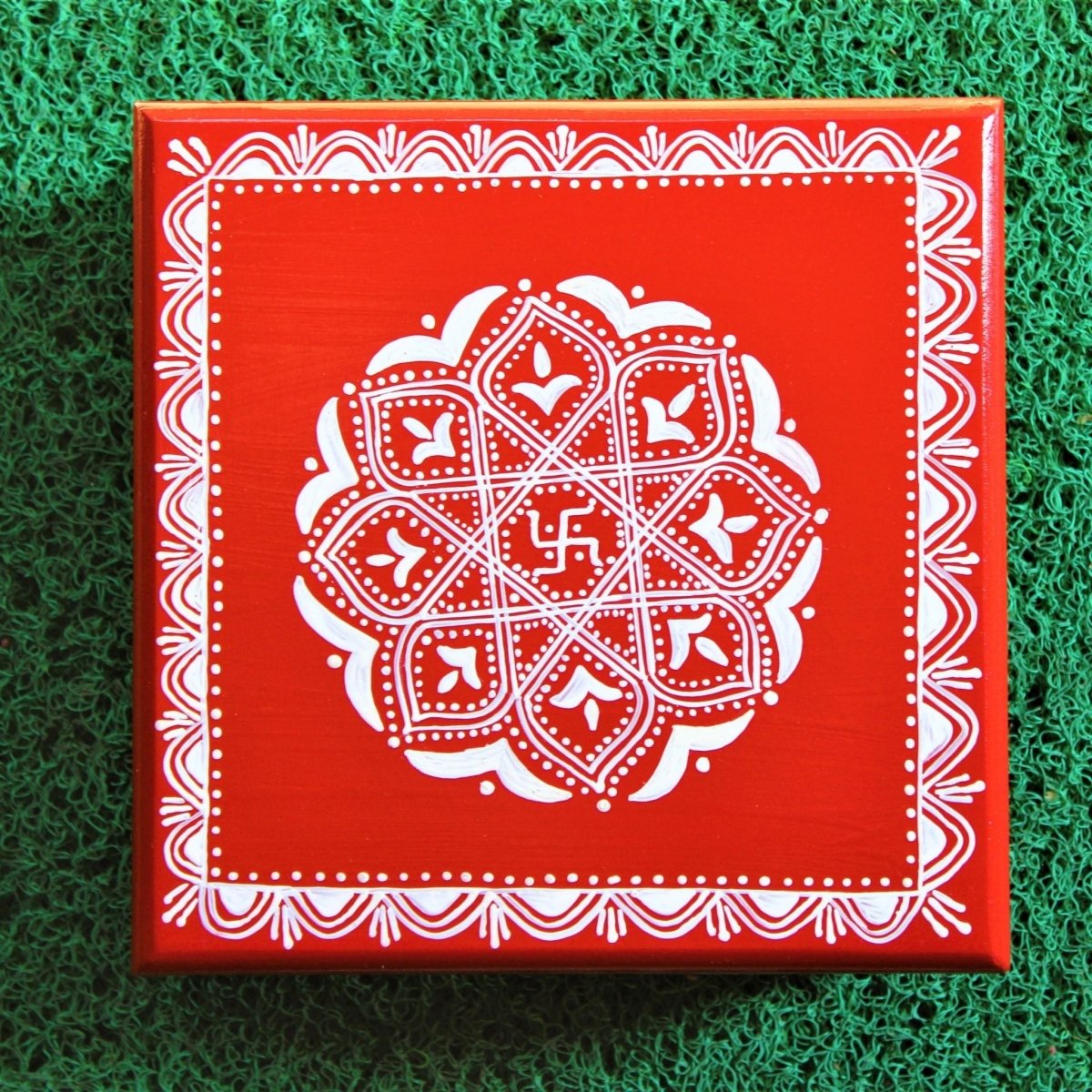 
                  
                    Aipan Inspired Handpainted Square Wooden Puja Table / Chowki / Footstool for Home - Kreate- Pooja Needs
                  
                