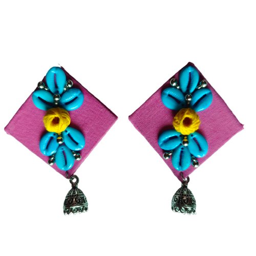 Amazing Fabric Pink Base Blue Flower Earring - Kreate- Earrings