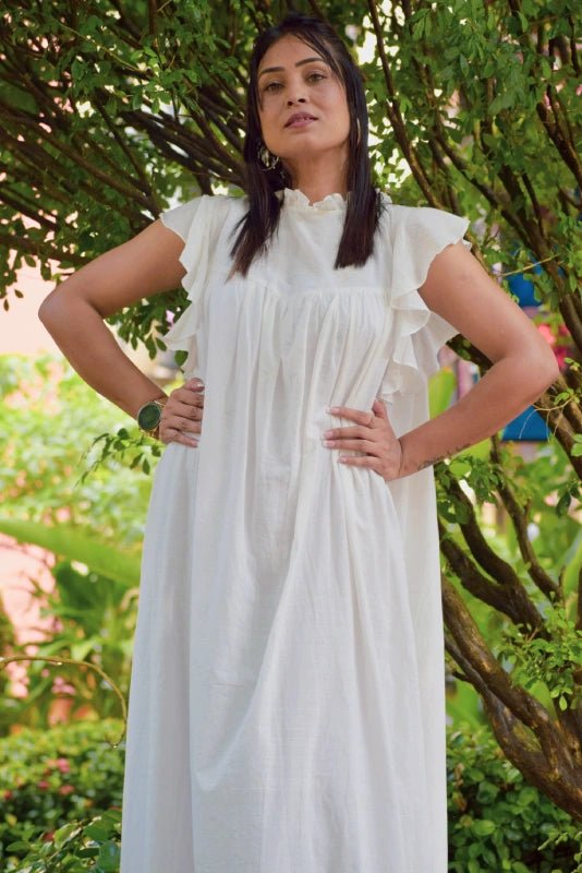 
                  
                    ANEMONES FLIGHT – Muslin Cotton Long Dress For Women | Loose Maxi Dress | Casual Retro Minimalist Dress For Summer |Ruffled Cap Sleeves - Kreate- Clothing Sets
                  
                