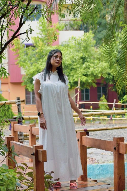 
                  
                    ANEMONES FLIGHT – Muslin Cotton Long Dress For Women | Loose Maxi Dress | Casual Retro Minimalist Dress For Summer |Ruffled Cap Sleeves - Kreate- Clothing Sets
                  
                