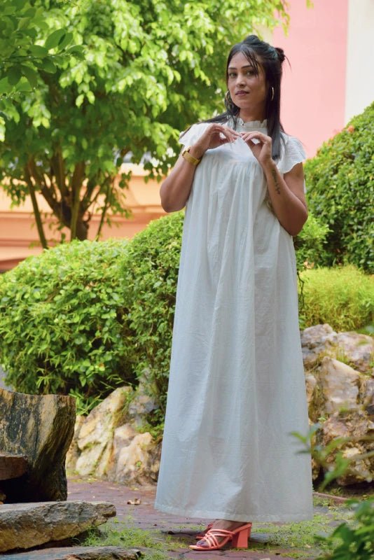 
                  
                    ANEMONES FLIGHT – Muslin Cotton Long Dress For Women | Loose Maxi Dress | Casual Retro Minimalist Dress For Summer |Ruffled Cap Sleeves - Kreate- Clothing Sets
                  
                