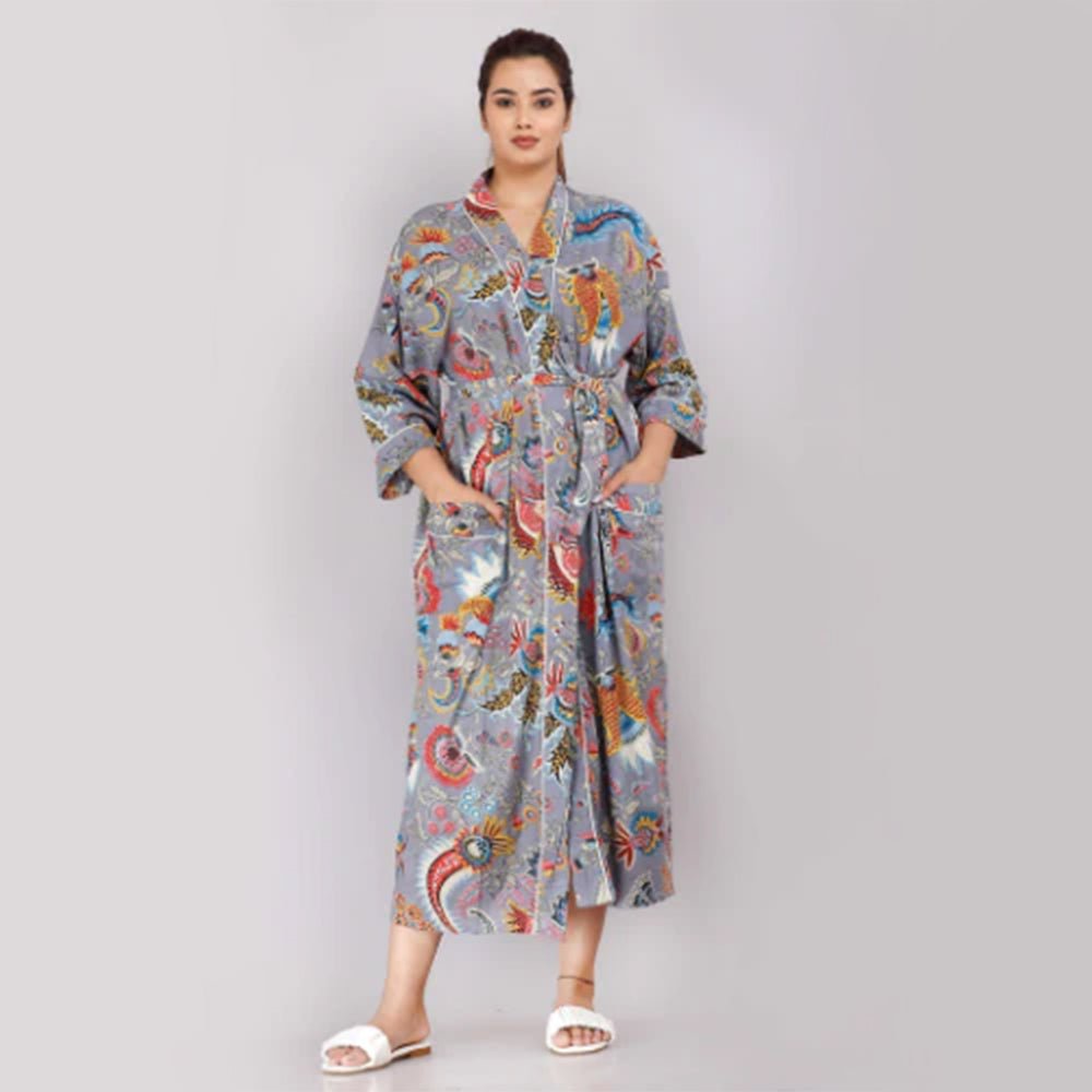 Animal Pattern Kimono Robe Long Bathrobe For Women (Grey) - Kreate- Women's Wear