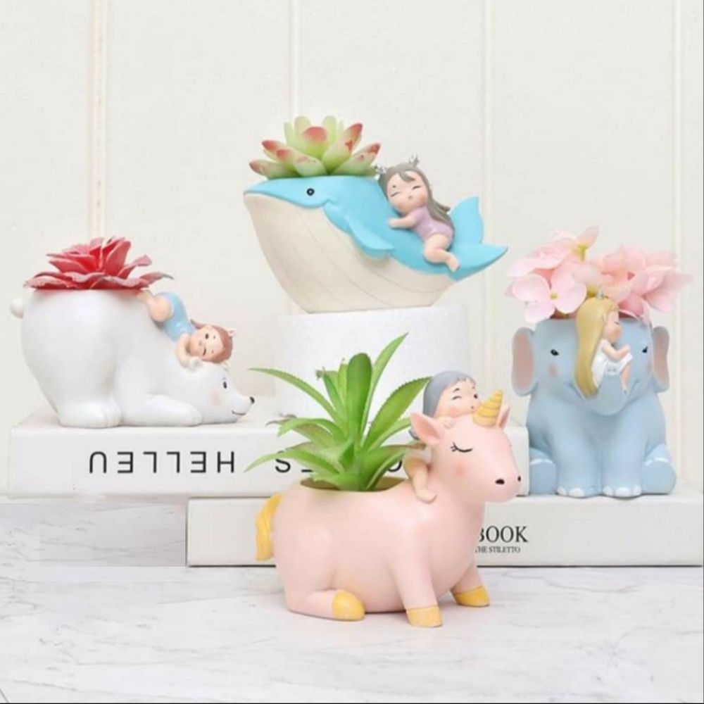 Animal with Cute Girl Planters & Pots (Set of 4) - Kreate- Planters & Pots