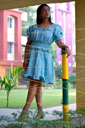 ARCTIC ICE — Short Puff Sleeved High Waisted, Midi A Line Swing Dresses - Kreate- Clothing Sets