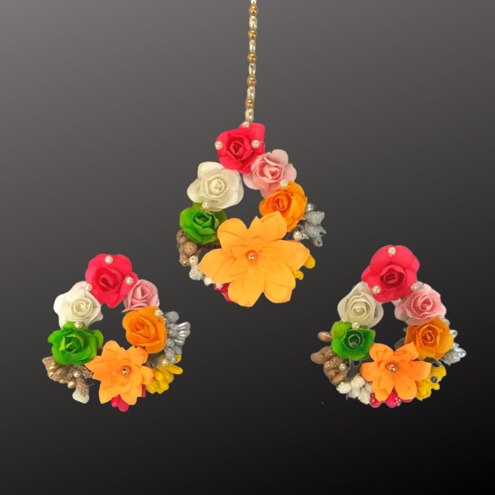 Artifical Flower Earrings and Maang Tika - Kreate- Jewellery Sets