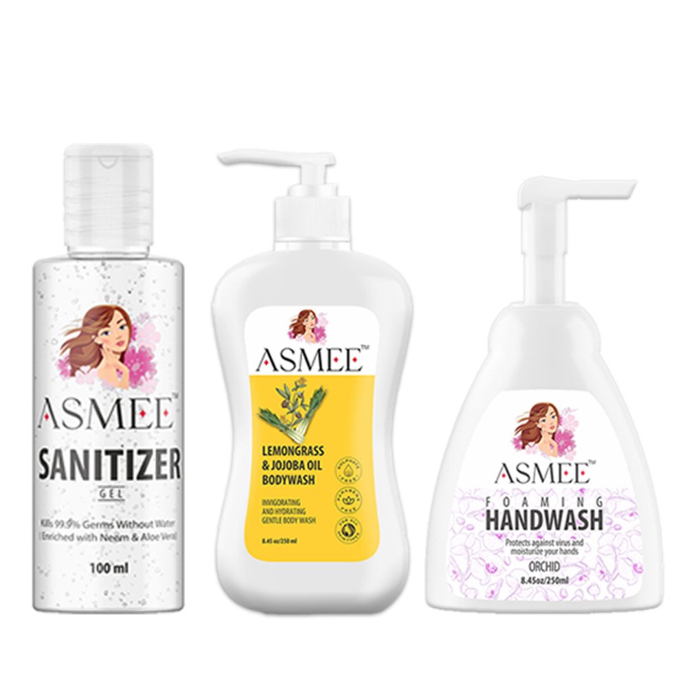 Asmee Handwash - Bodywash - Sanitizer Combo (250ml Each) - Kreate- Mani & Pedi