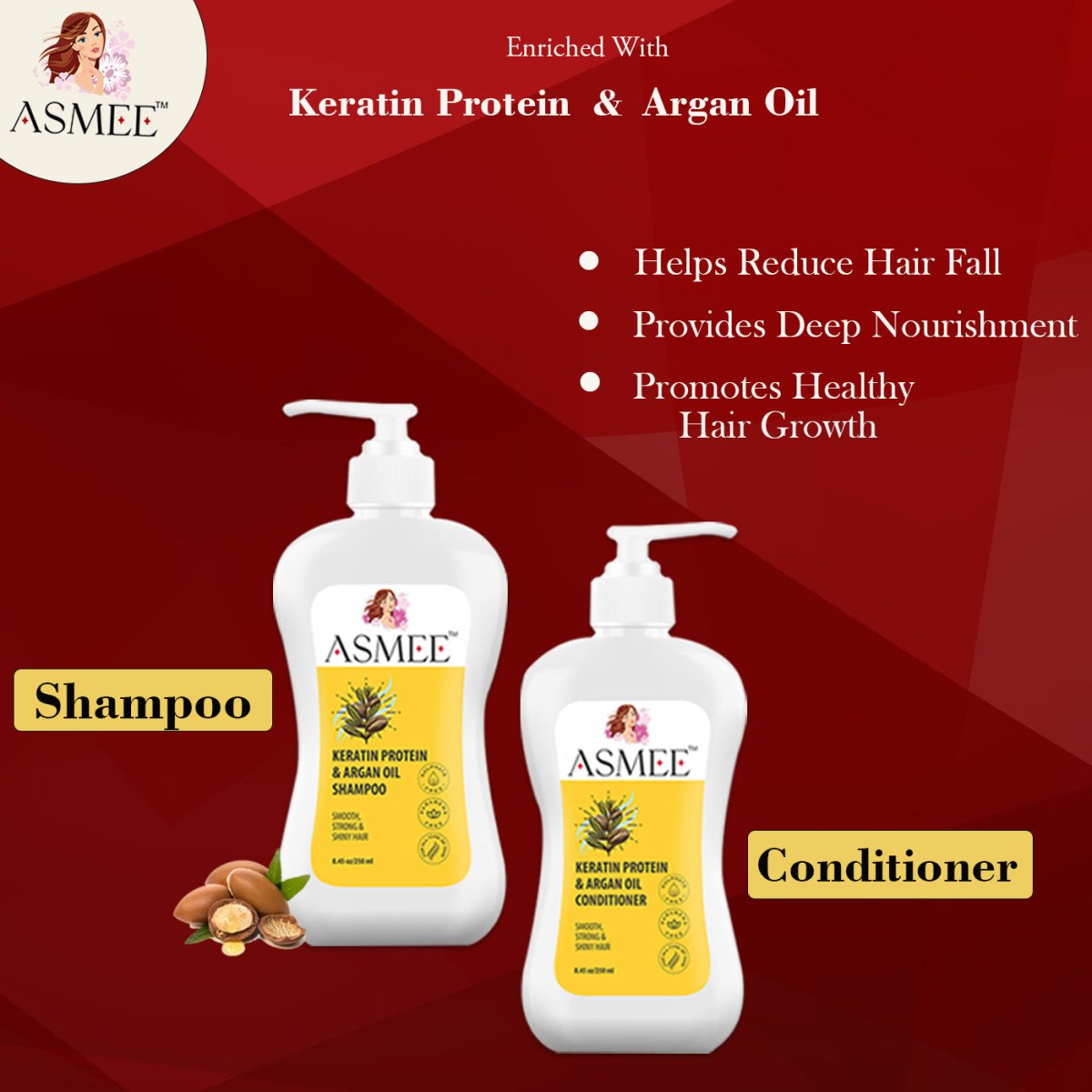 
                  
                    Asmee Keratin Protein, Argan Oil Shampoo & Conditioner Combo (250ml Each) - Kreate- Shampoos
                  
                