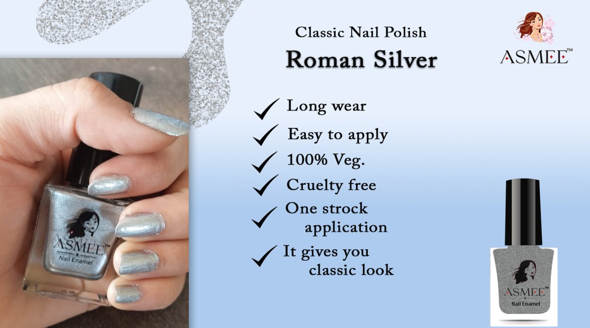 
                  
                    Asmee Roman Silver Classic Nail Polish (10ml) - Kreate- Nails
                  
                