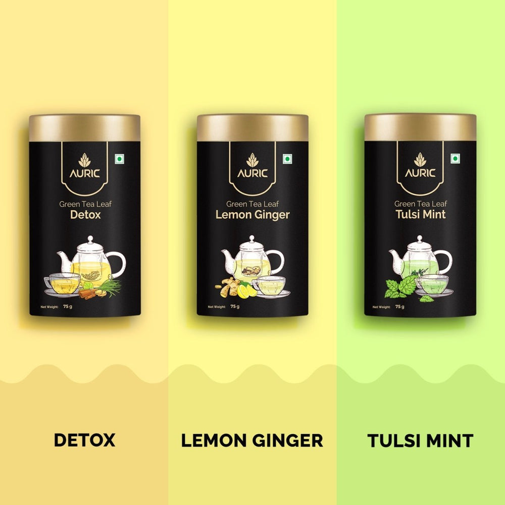 Auric Green Tea - Lemon Ginger, Tulsi Mint and Detox Combo (225g) - Kreate- Tea