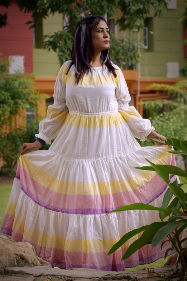 
                  
                    AURORA -Premium handwoven Muslin Cotton frilled Flared Maxi Dress for Special Occassion - Kreate- Clothing Sets
                  
                
