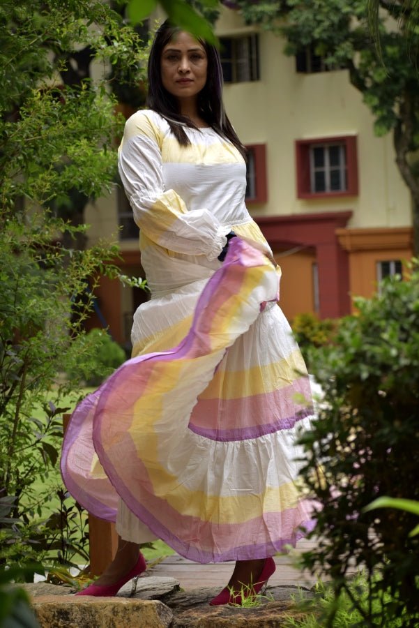 AURORA -Premium handwoven Muslin Cotton frilled Flared Maxi Dress for Special Occassion - Kreate- Clothing Sets