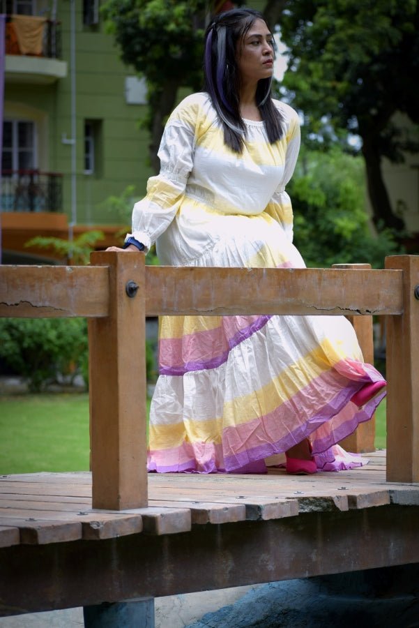 
                  
                    AURORA -Premium handwoven Muslin Cotton frilled Flared Maxi Dress for Special Occassion - Kreate- Clothing Sets
                  
                