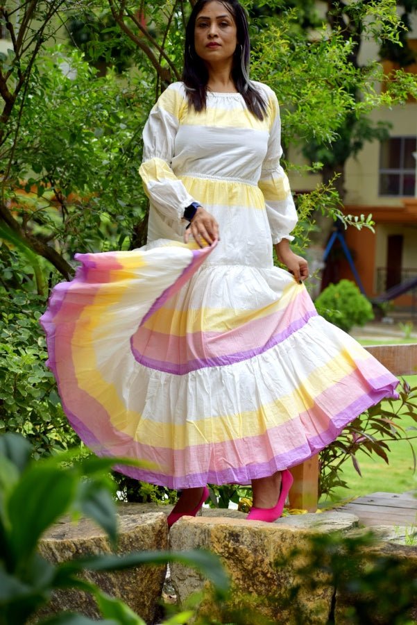 
                  
                    AURORA -Premium handwoven Muslin Cotton frilled Flared Maxi Dress for Special Occassion - Kreate- Clothing Sets
                  
                