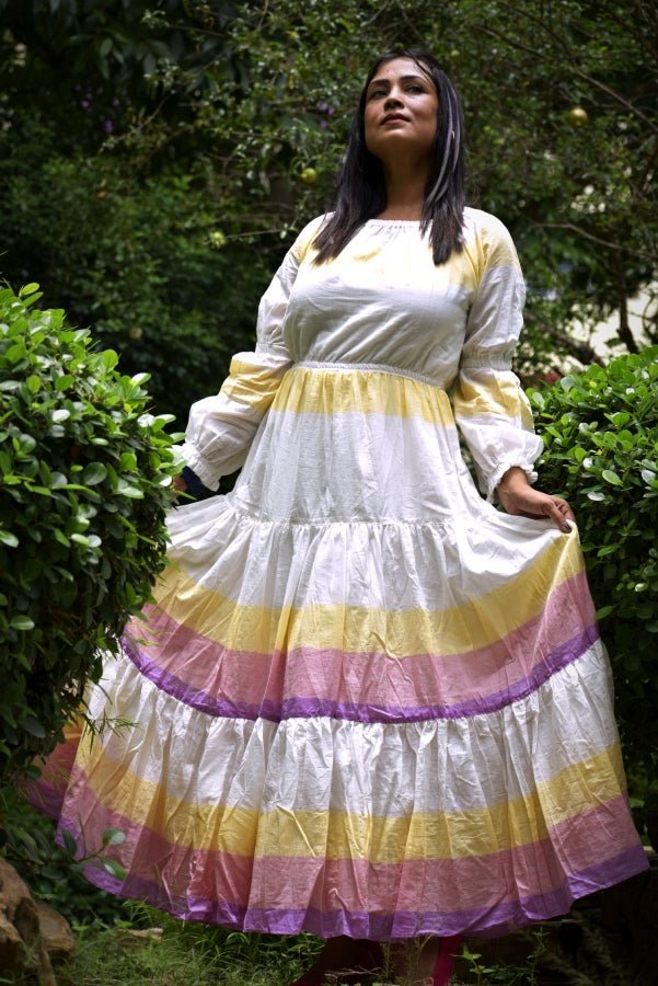 
                  
                    AURORA -Premium handwoven Muslin Cotton frilled Flared Maxi Dress for Special Occassion - Kreate- Clothing Sets
                  
                