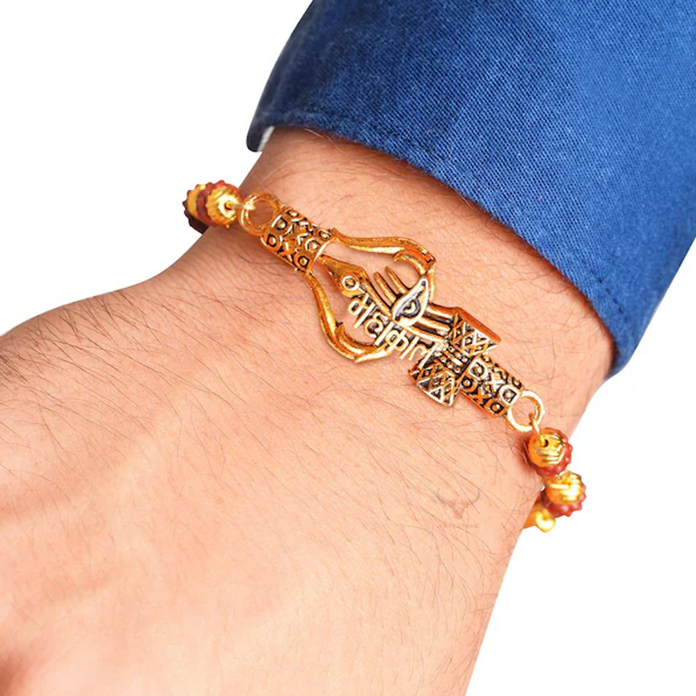 
                  
                    Lord Shiva Mahakal Name Plate Bracelets with Rudraksh Golden Color
                  
                