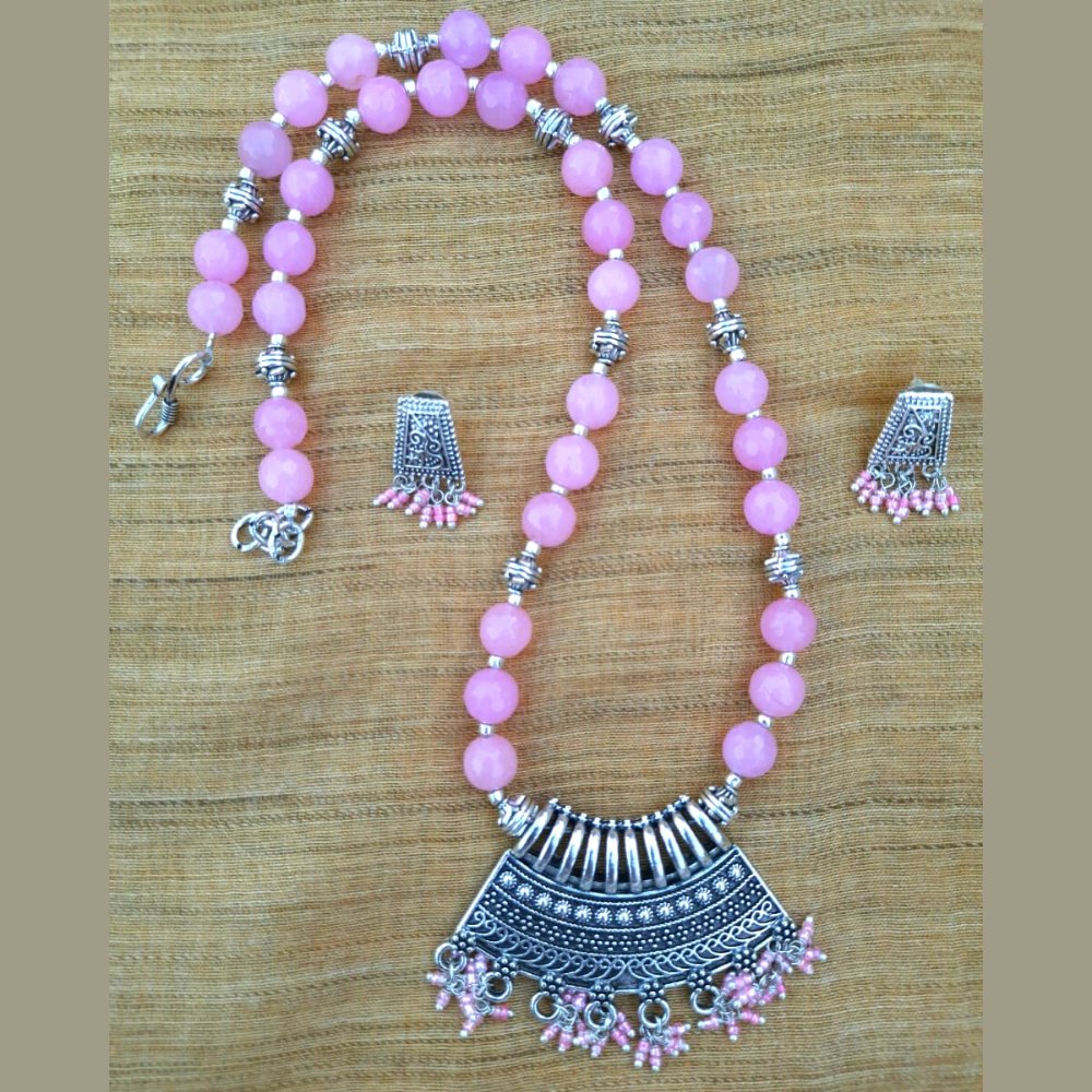 Baby Pink Agate Beads Necklace Set - Kreate- Jewellery Sets