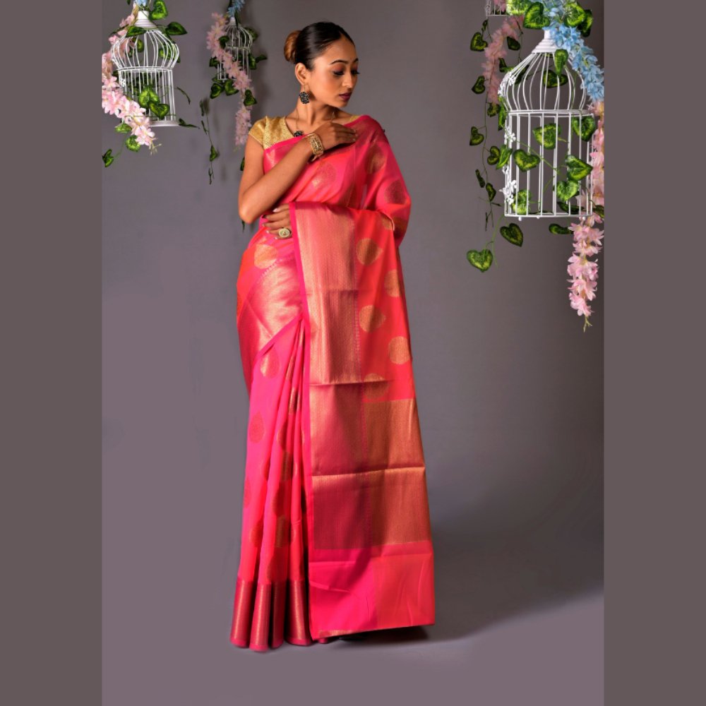 Banarasi Baby Pink Cotton Azeez Silk Saree - Kreate- Sarees & Blouses