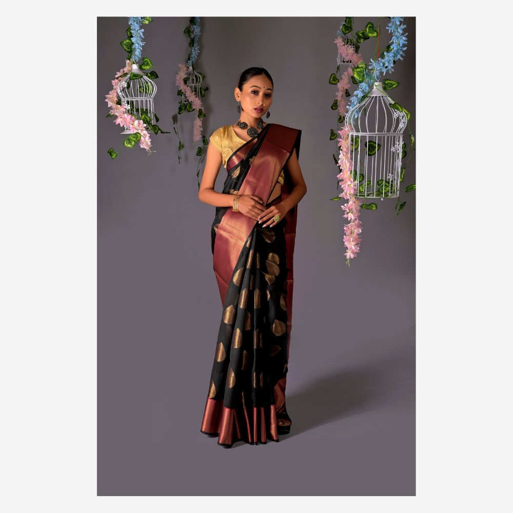 Banarasi Black Cotton Azeez Silk Saree - Kreate- Sarees & Blouses