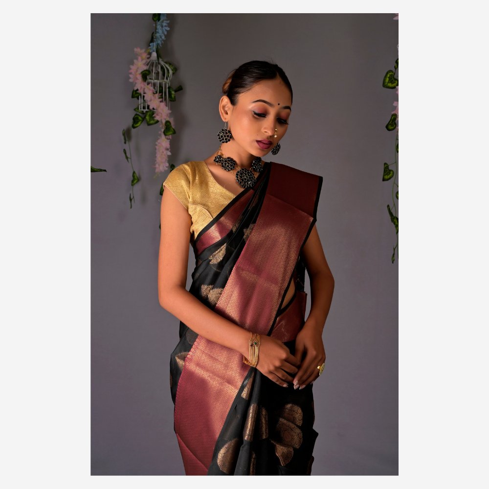 
                  
                    Banarasi Black Cotton Azeez Silk Saree - Kreate- Sarees & Blouses
                  
                