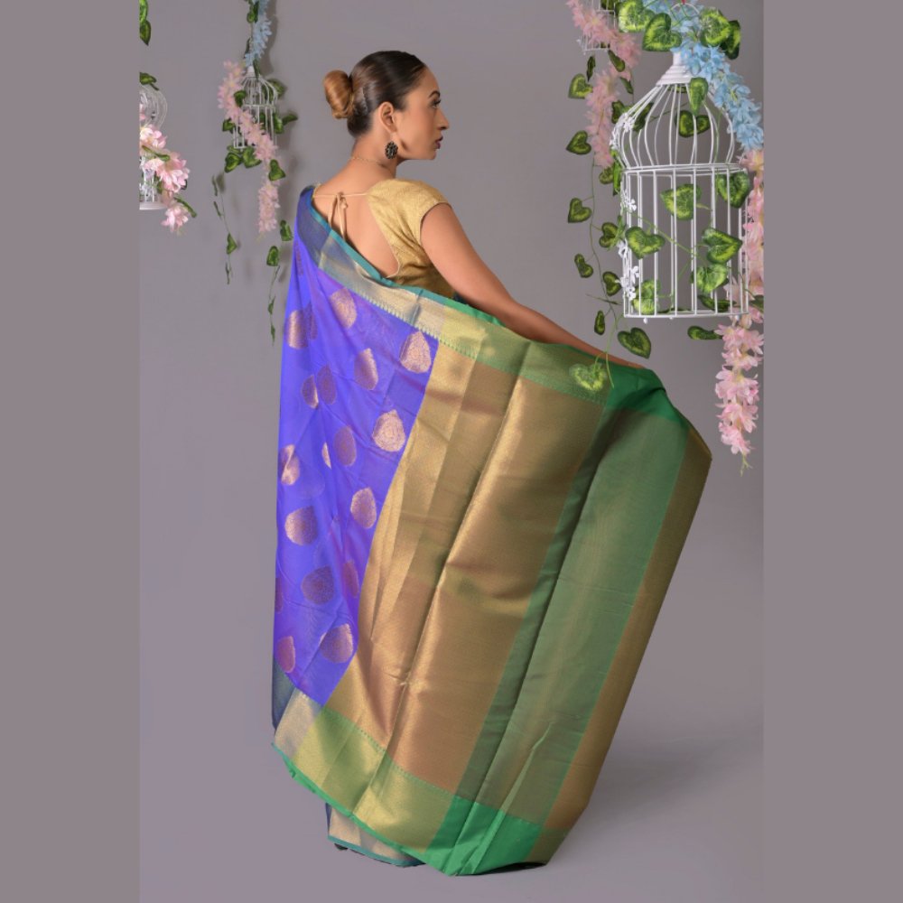 Banarasi Blue (Uda) Cotton Azeez Silk Saree - Kreate- Sarees & Blouses