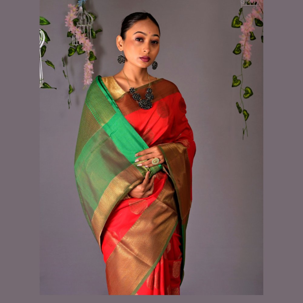 
                  
                    Banarasi Cotton Red Azeez Silk Saree - Kreate- Sarees & Blouses
                  
                