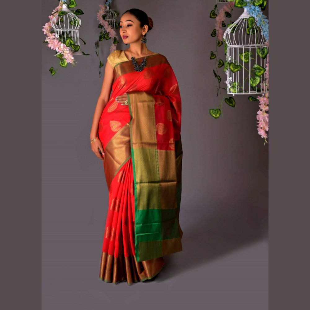 Banarasi Cotton Red Azeez Silk Saree - Kreate- Sarees & Blouses