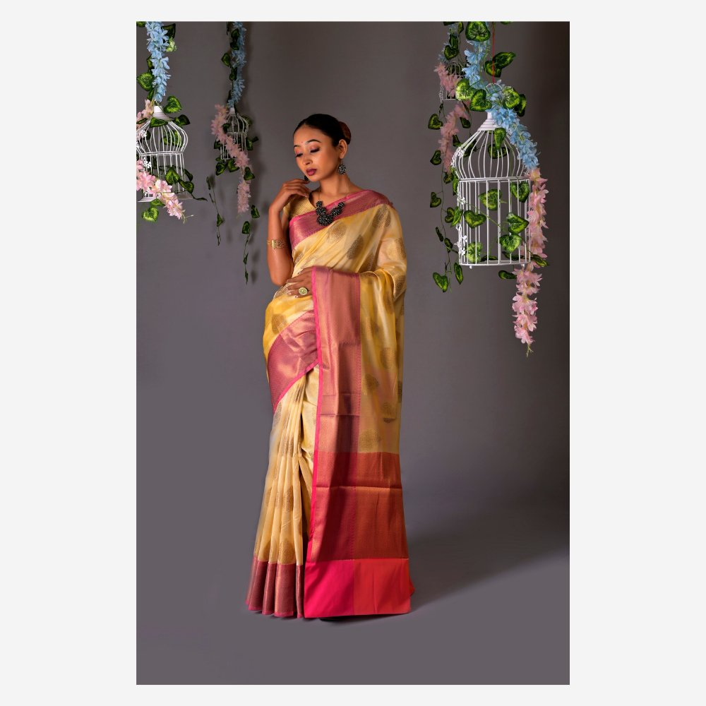 Banarasi Cream Cotton Azeez Silk Saree - Kreate- Sarees & Blouses