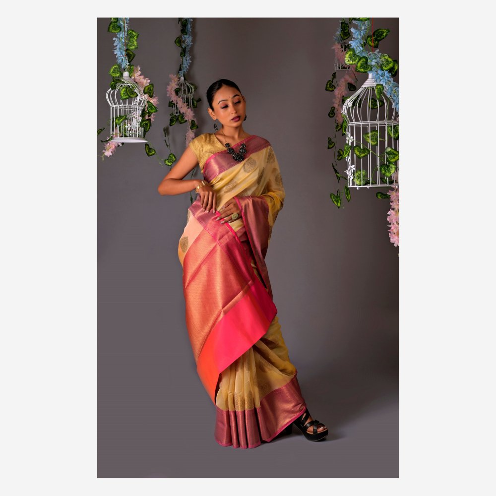 
                  
                    Banarasi Cream Cotton Azeez Silk Saree - Kreate- Sarees & Blouses
                  
                