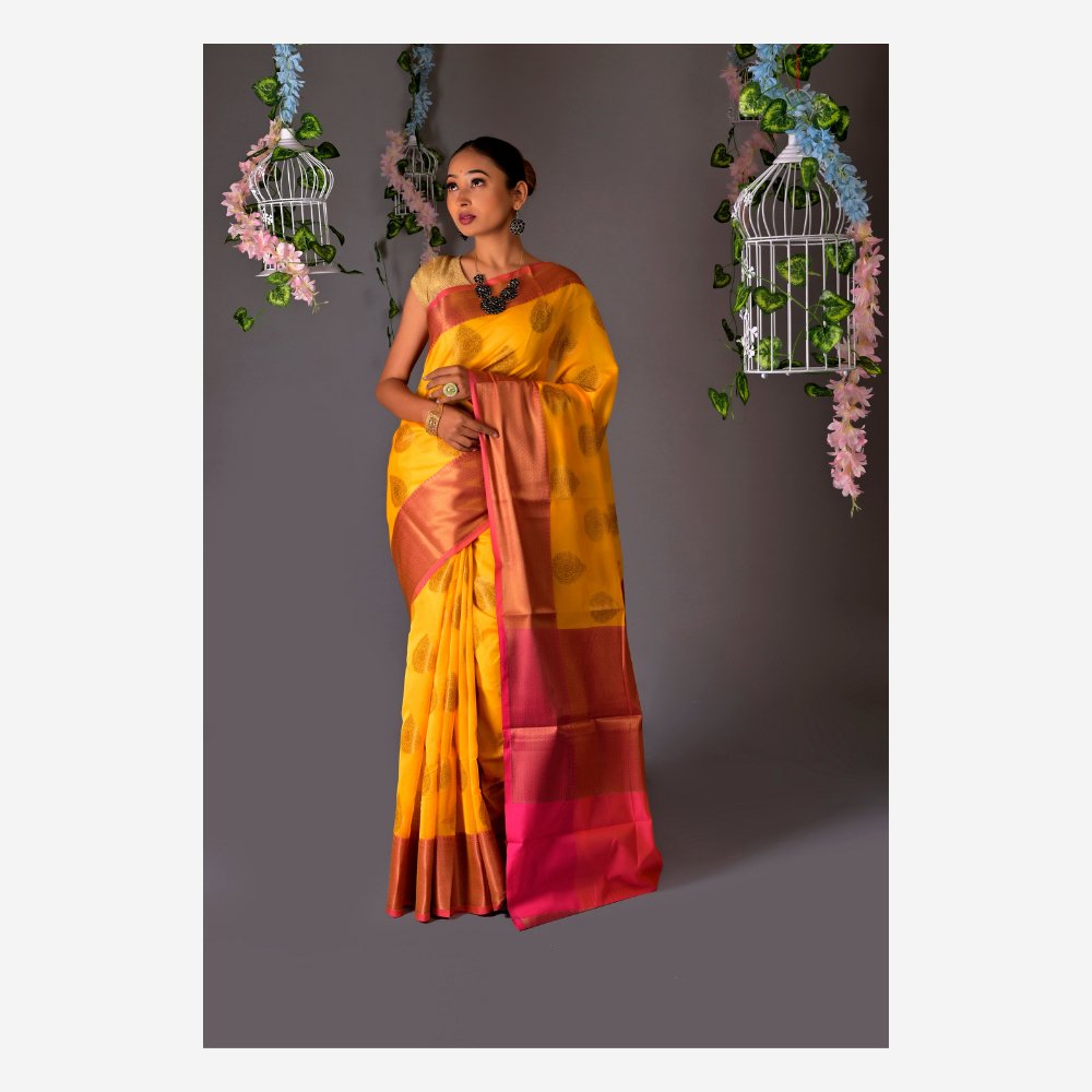 Banarasi Gold Cotton Azeez Silk Saree - Kreate- Sarees & Blouses