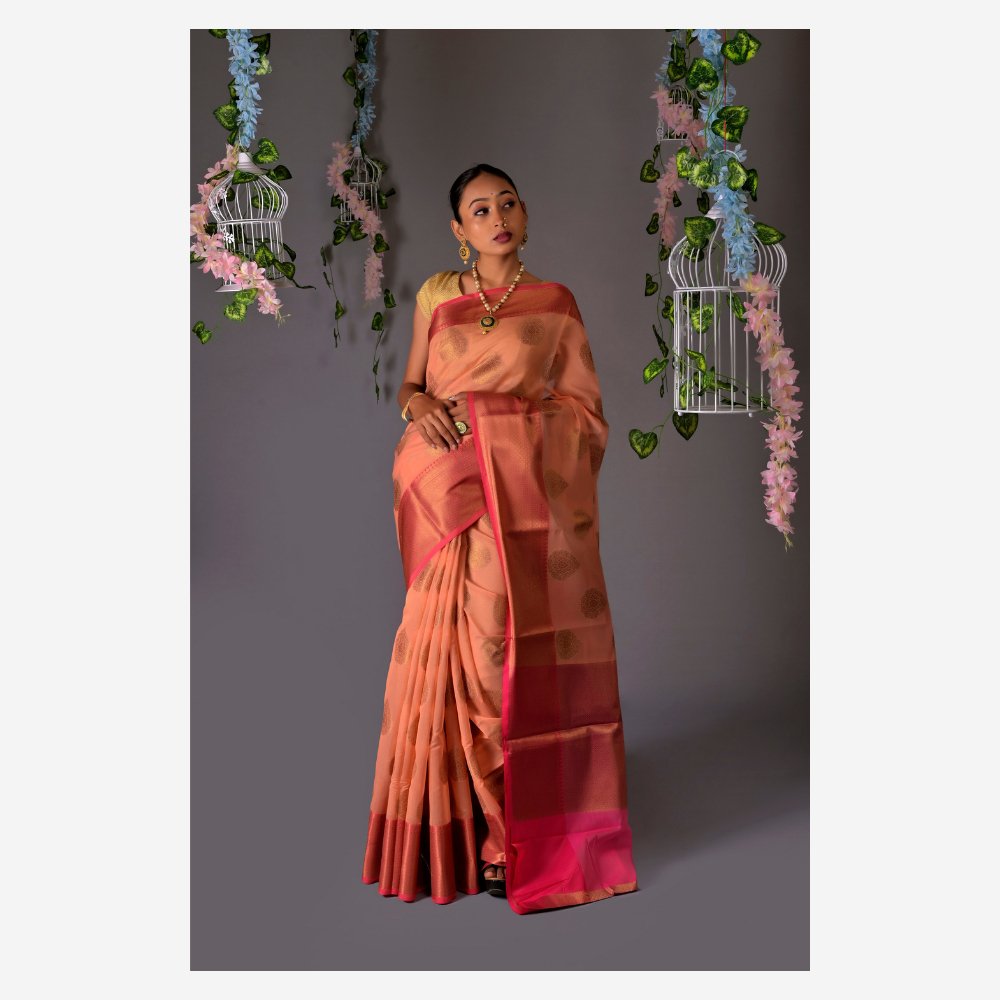 Banarasi Peach Cotton Azeez Silk Saree - Kreate- Sarees & Blouses