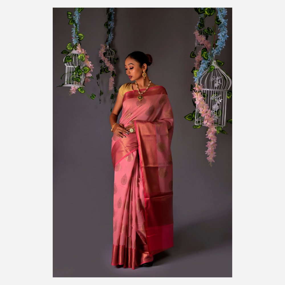 Banarasi Pink Cotton Azeez Silk Saree - Kreate- Sarees & Blouses