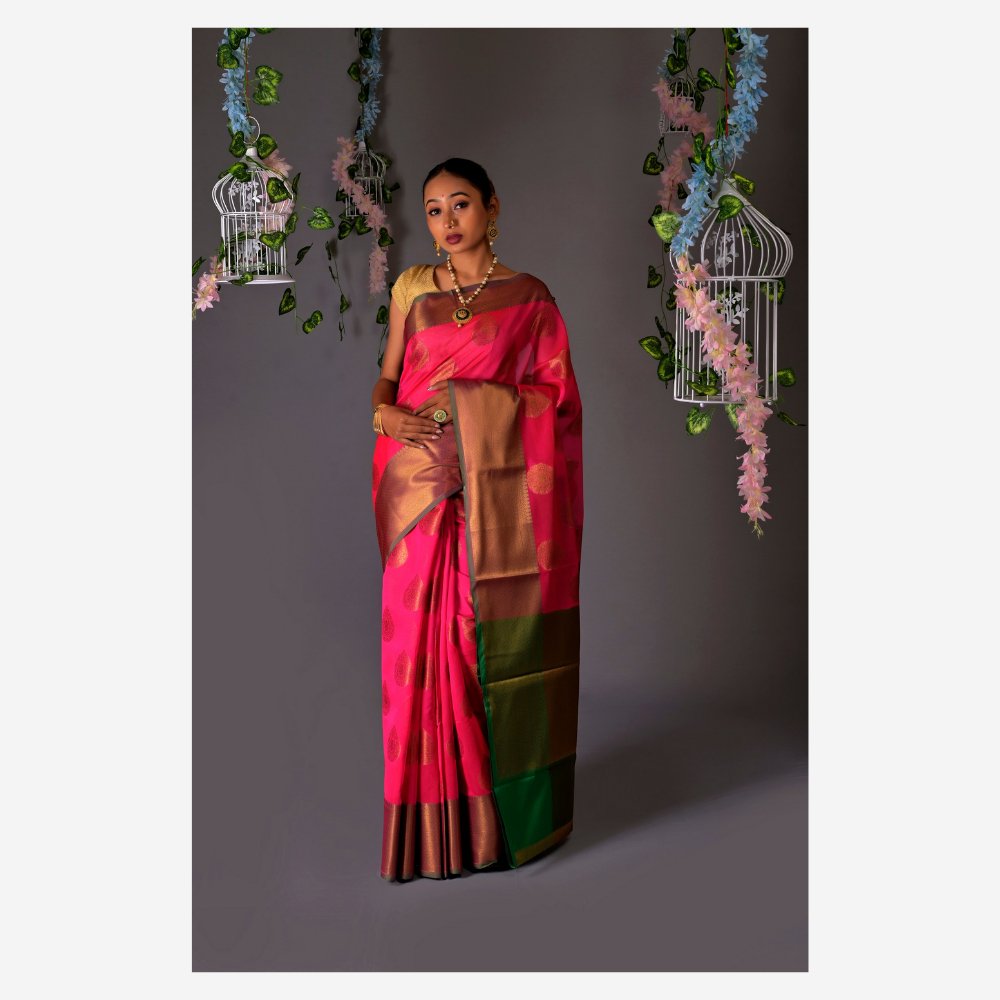 Banarasi Pink Cotton Azeez Silk Saree - Kreate- Sarees & Blouses