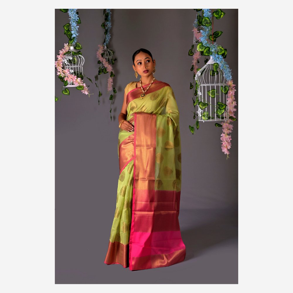 Banarasi Pista Cotton Azeez Silk Saree - Kreate- Sarees & Blouses