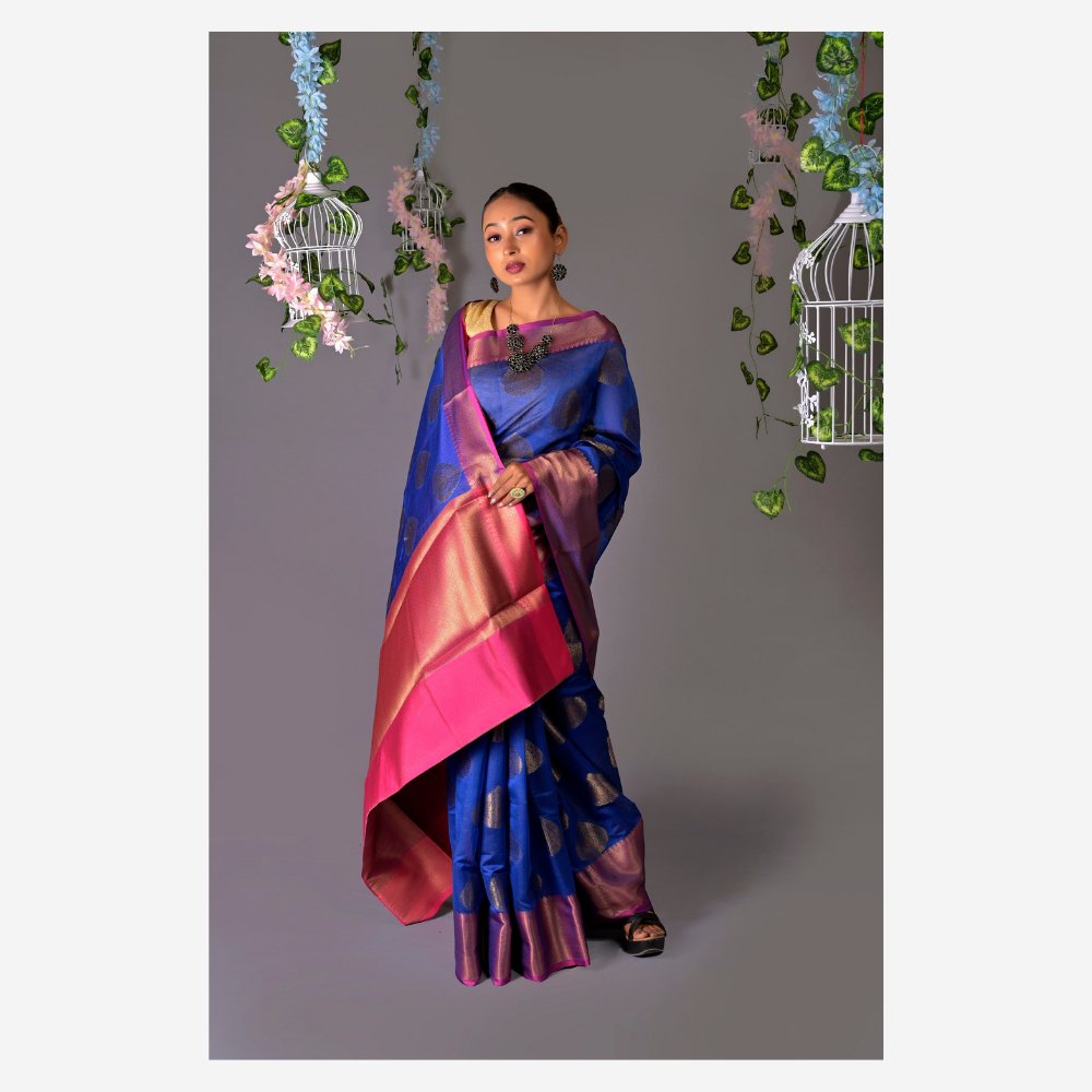 
                  
                    Banarasi Royal Blue Cotton Azeez Silk Saree - Kreate- Sarees & Blouses
                  
                