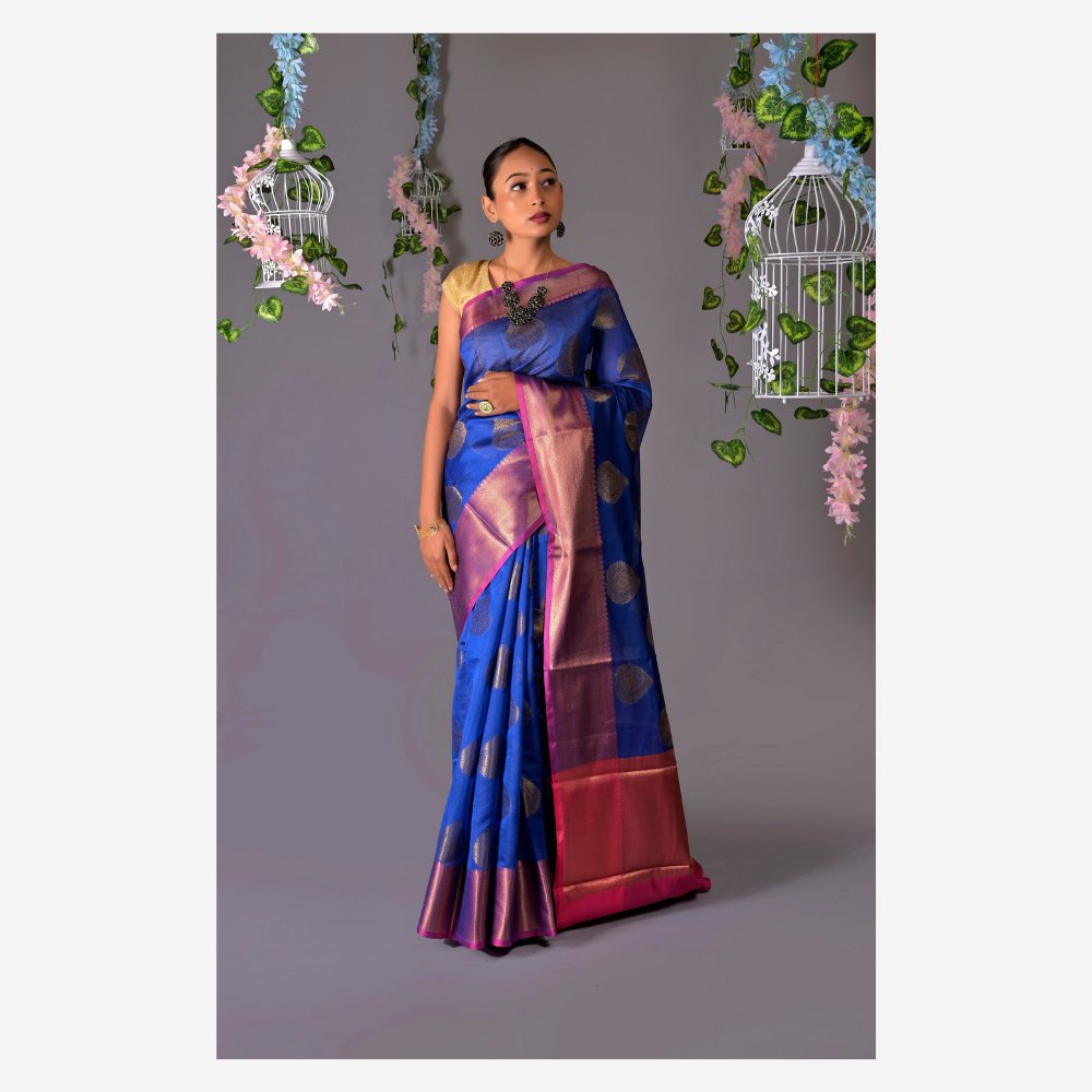 Banarasi Royal Blue Cotton Azeez Silk Saree - Kreate- Sarees & Blouses