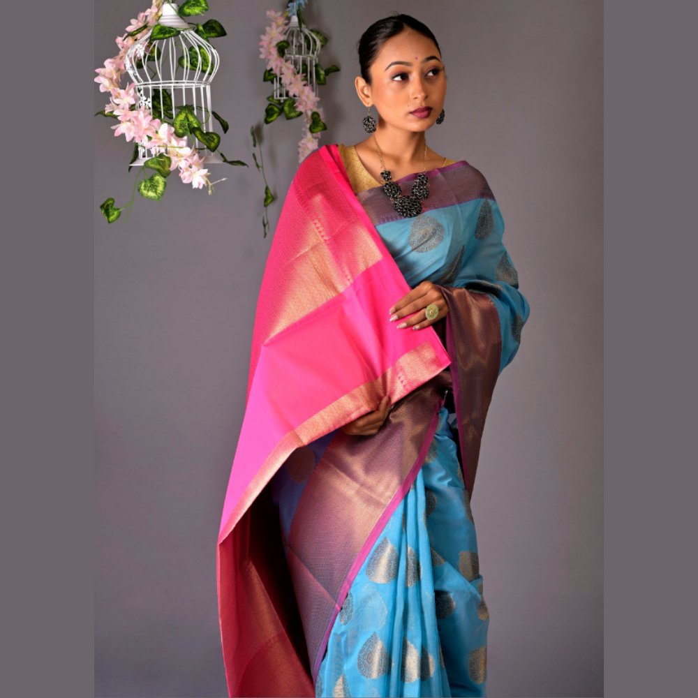 
                  
                    Banarasi Sky Blue Cotton Azeez Silk Saree - Kreate- Sarees & Blouses
                  
                