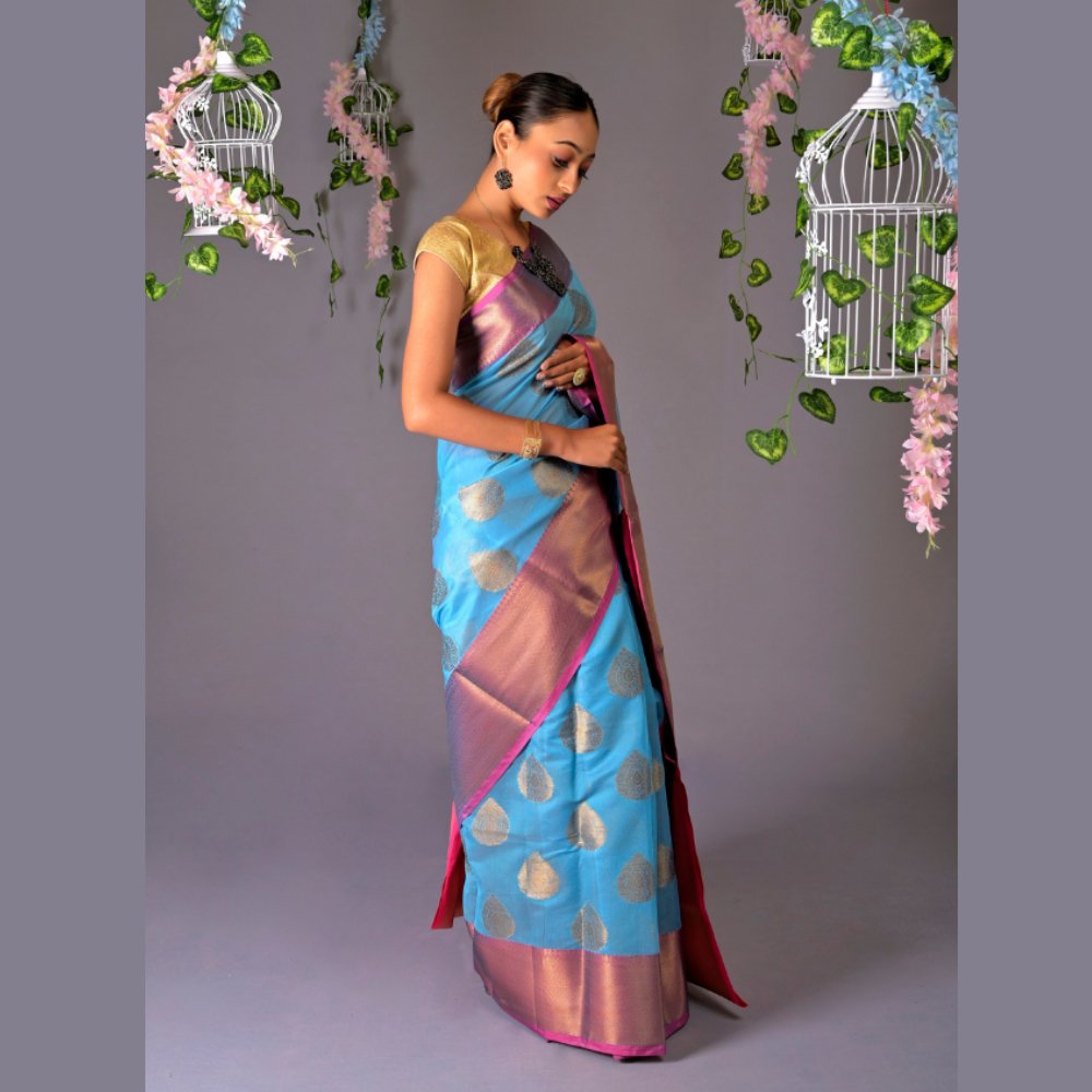 
                  
                    Banarasi Sky Blue Cotton Azeez Silk Saree - Kreate- Sarees & Blouses
                  
                