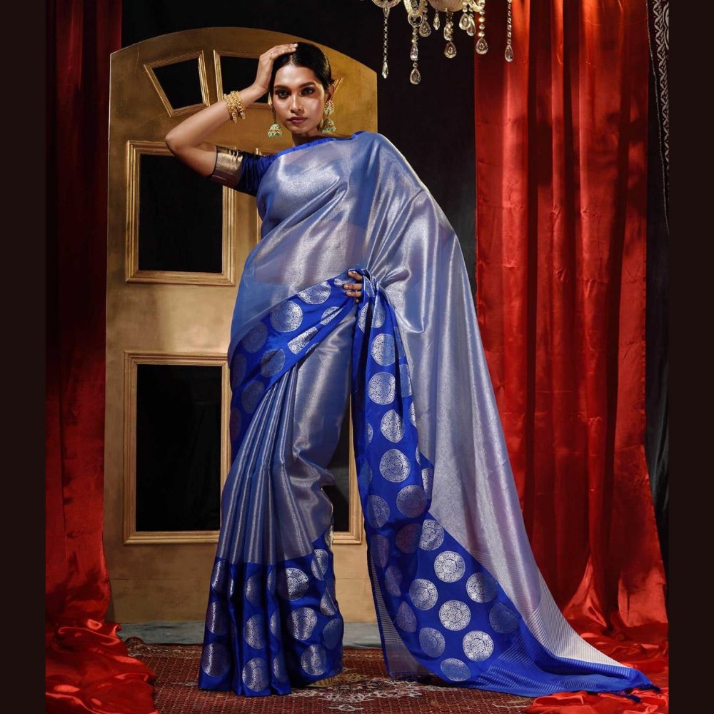 Banarasi Tissue blue Silk Saree - Kreate- Sarees & Blouses