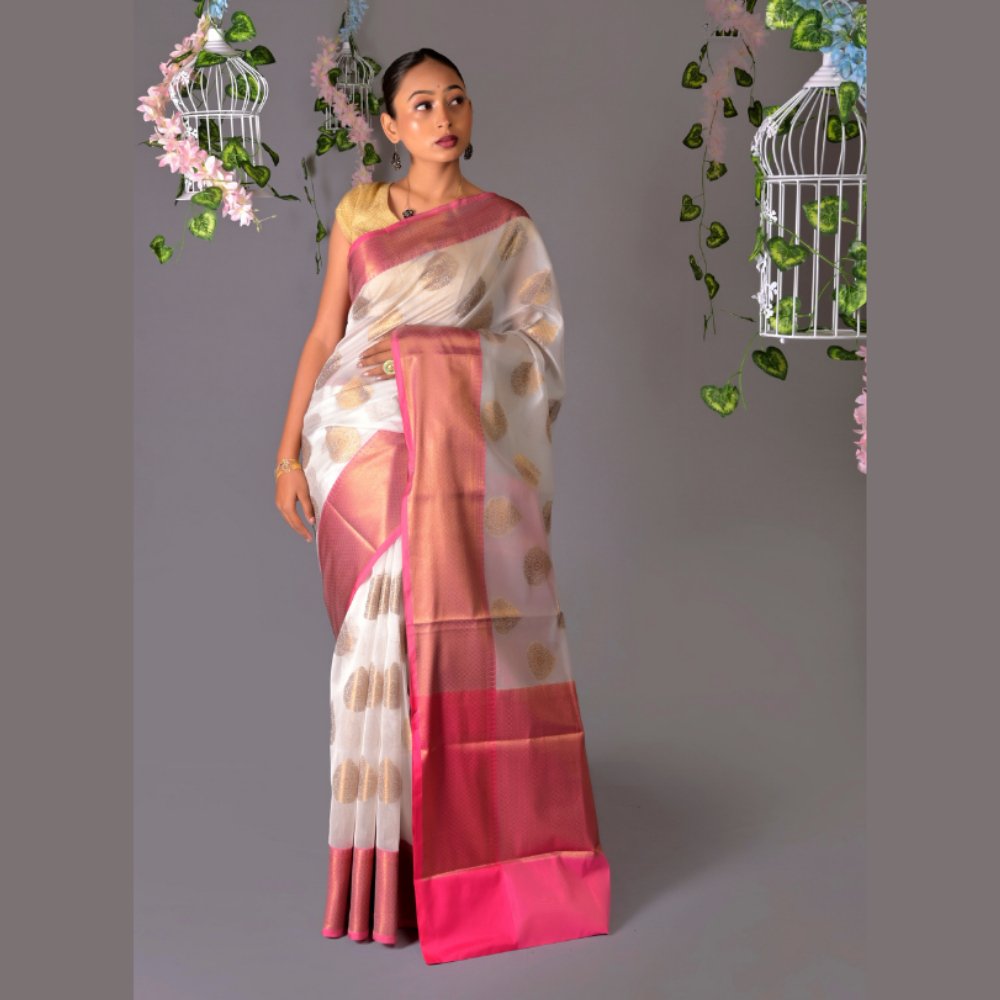 Banarasi White Cotton Azeez Silk Saree - Kreate- Sarees & Blouses