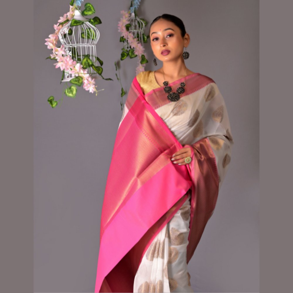 
                  
                    Banarasi White Cotton Azeez Silk Saree - Kreate- Sarees & Blouses
                  
                