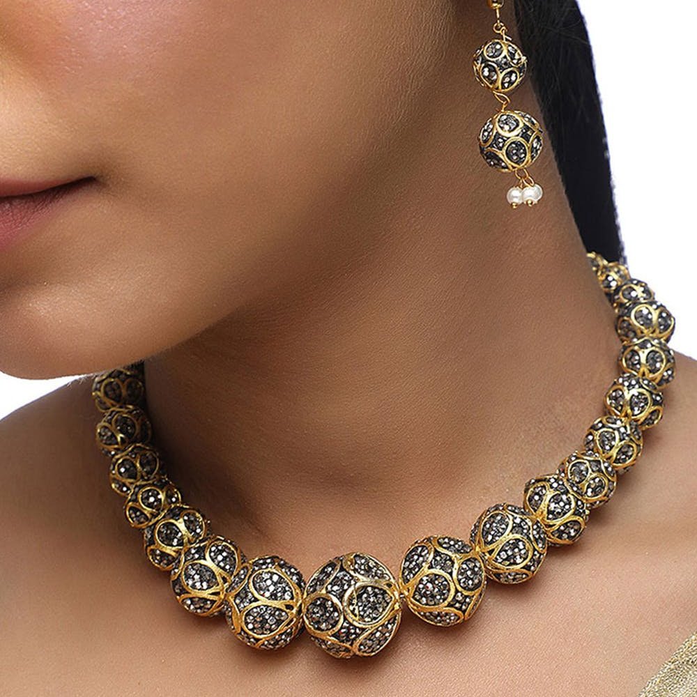 
                  
                    BANDISH Designer Black Shiny Studded Ball Ethnic Heavy Necklace Set - Kreate- Jewellery Sets
                  
                