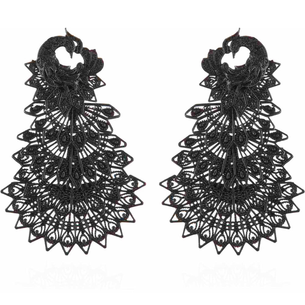 BANDISH Oxidised Antique Black Peacock Drop Earrings - Kreate- Earrings