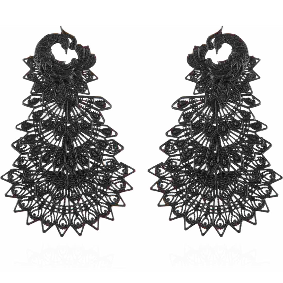 BANDISH Oxidised Antique Black Peacock Drop Earrings - Kreate- Earrings