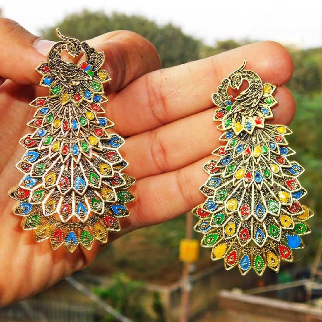 
                  
                    BANDISH Oxidised Antique Gold Multicolour Peacock Drop Earrings - Kreate- Earrings
                  
                