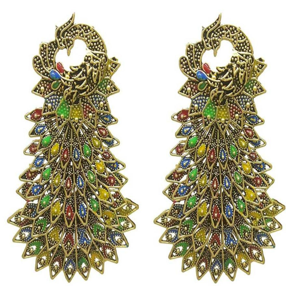 BANDISH Oxidised Antique Gold Multicolour Peacock Drop Earrings - Kreate- Earrings