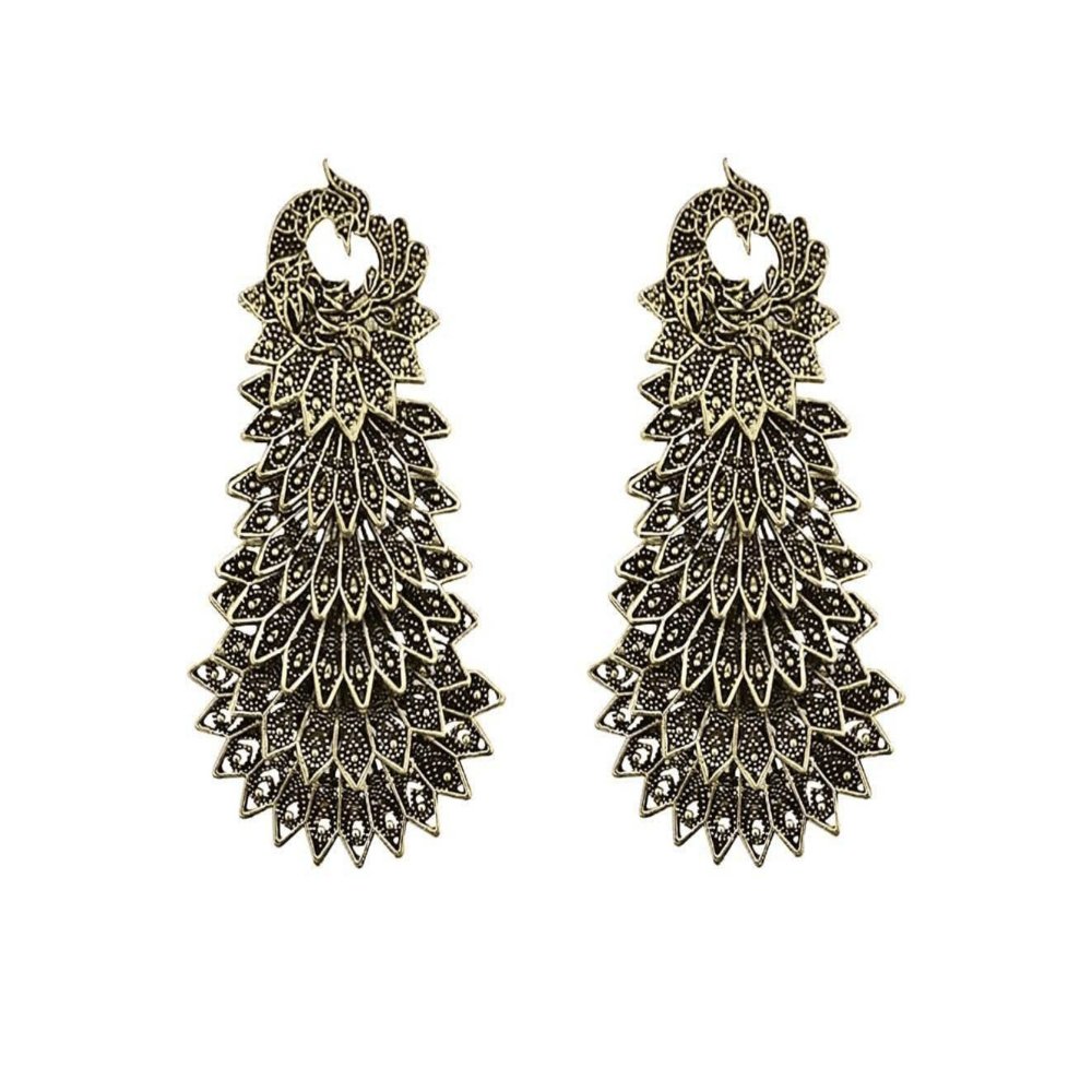 BANDISH Oxidised Antique Gold Peacock Drop Earrings - Kreate- Earrings