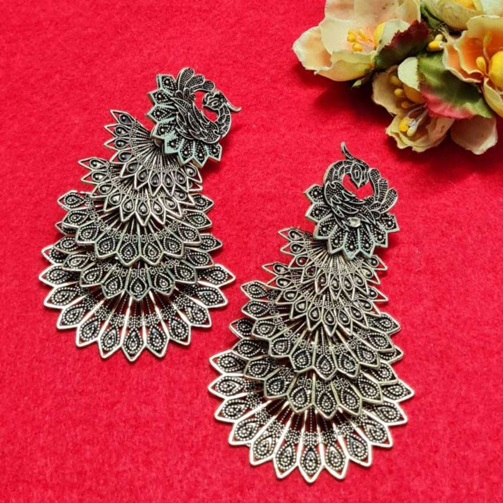 BANDISH Oxidised Silver Antique Peacock Drop Earrings - Kreate- Earrings