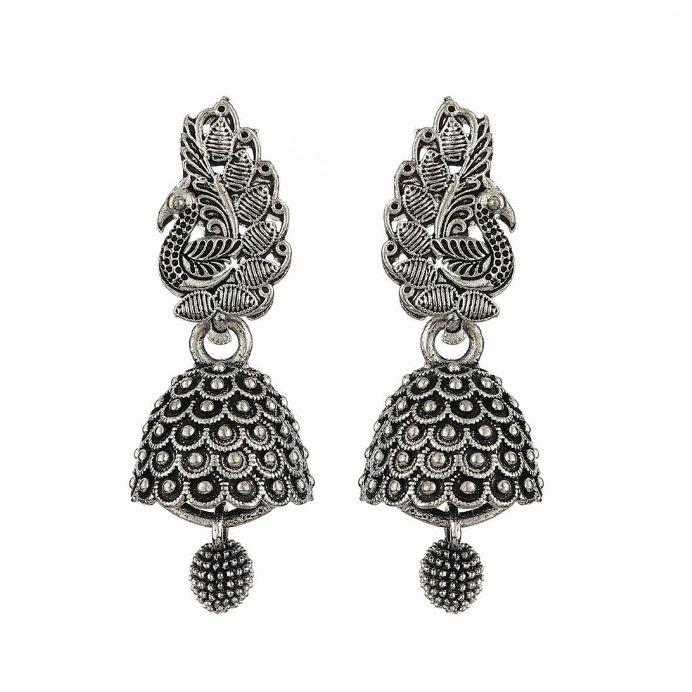 Bandish Oxidised Silver Antique Peacock Jhumki Earrings - Kreate- Earrings