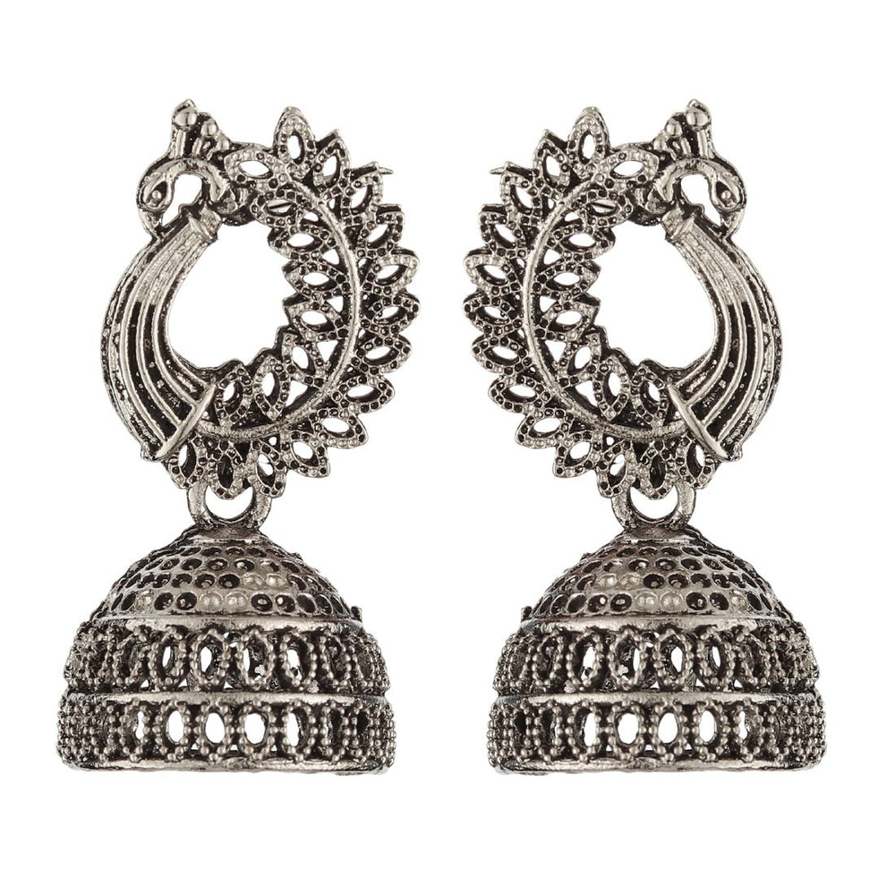 Bandish Oxidised Silver Antique Peacock Jhumki Earrings - Kreate- Earrings